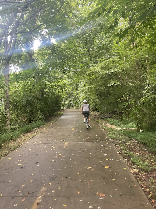 A woman riding her bike on a paved bike trail flanked by large green trees.