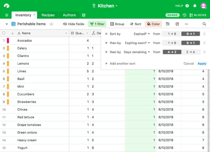 A list of food items that highlights items that will expire soon