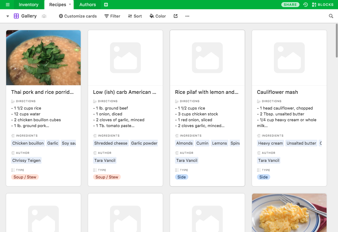 A grid view in Airtable showing a selection of recipes